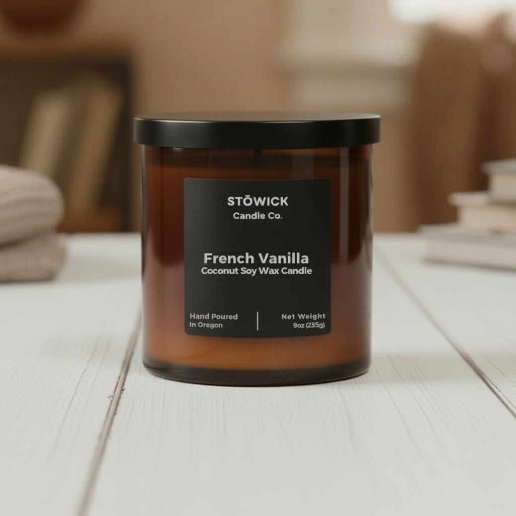 Stowick Candle Co. French Vanilla tumbler candle on a wooden surface in an amber jar