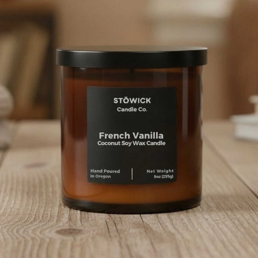 Stowick Candle Co. French Vanilla tumbler candle on a wooden surface