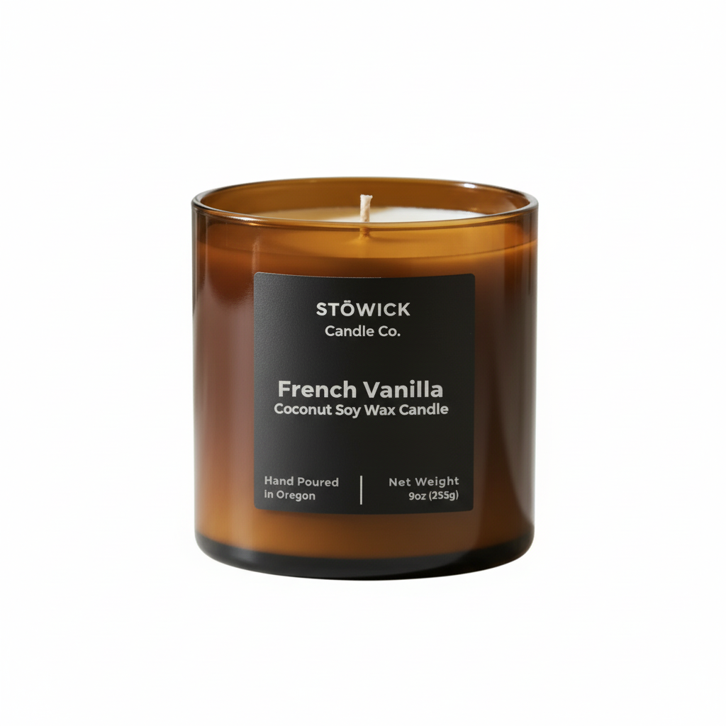 A French vanilla tumbler candle in an amber jar by Stowick candles on a white background 