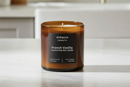 French vanilla candle by Stowick candles made with soy and coconut wax on a white table