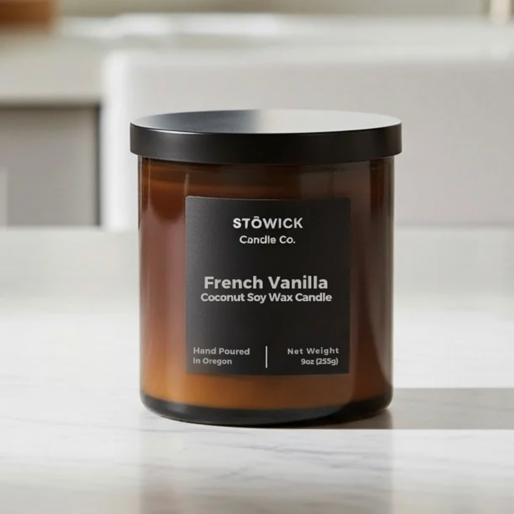 Stowick Candle Co. French Vanilla candle on a wood table in an amber jar