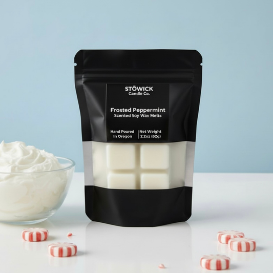 Stowick Candle Co. Frosted Peppermint wax melts packaging with a light blue background
