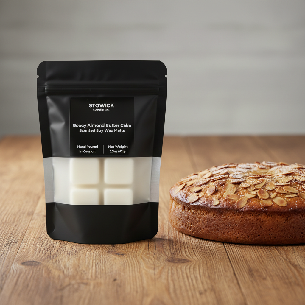 A bag of port gooey almond butter cake wax melts next to almond butter cake on a wood table