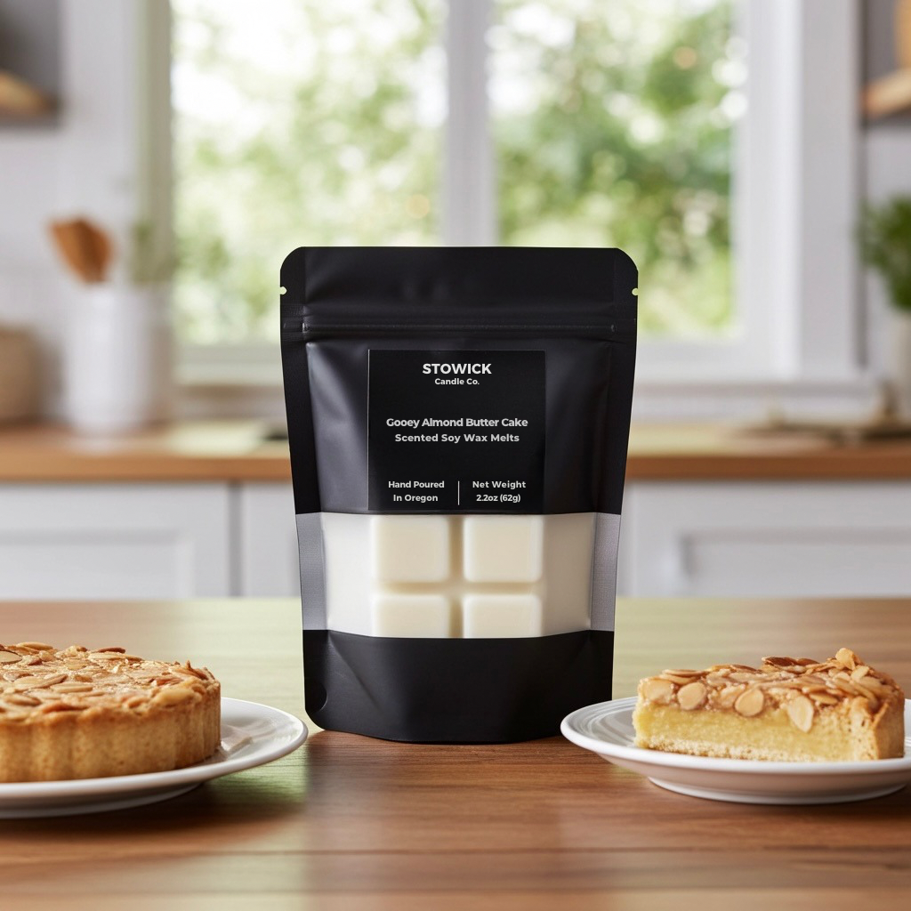 A bag of gooey almond butter cake wax melts next to a piece of almond cake 