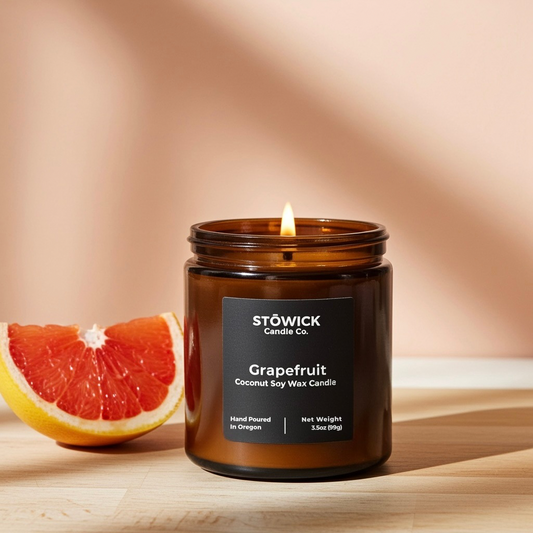 Stowick Grapefruit mini candle with a lit flame on a wooden surface next to a grapefruit wedge.