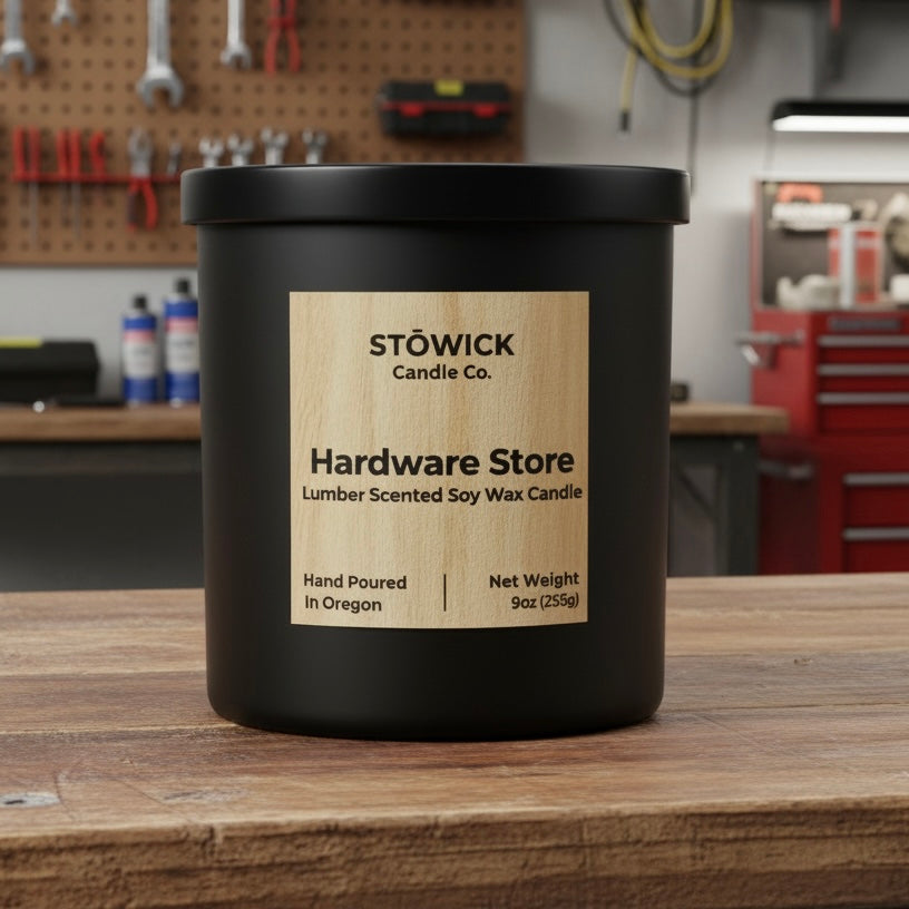 A hardware tumbler lumber scented candle on a workbench in a garage