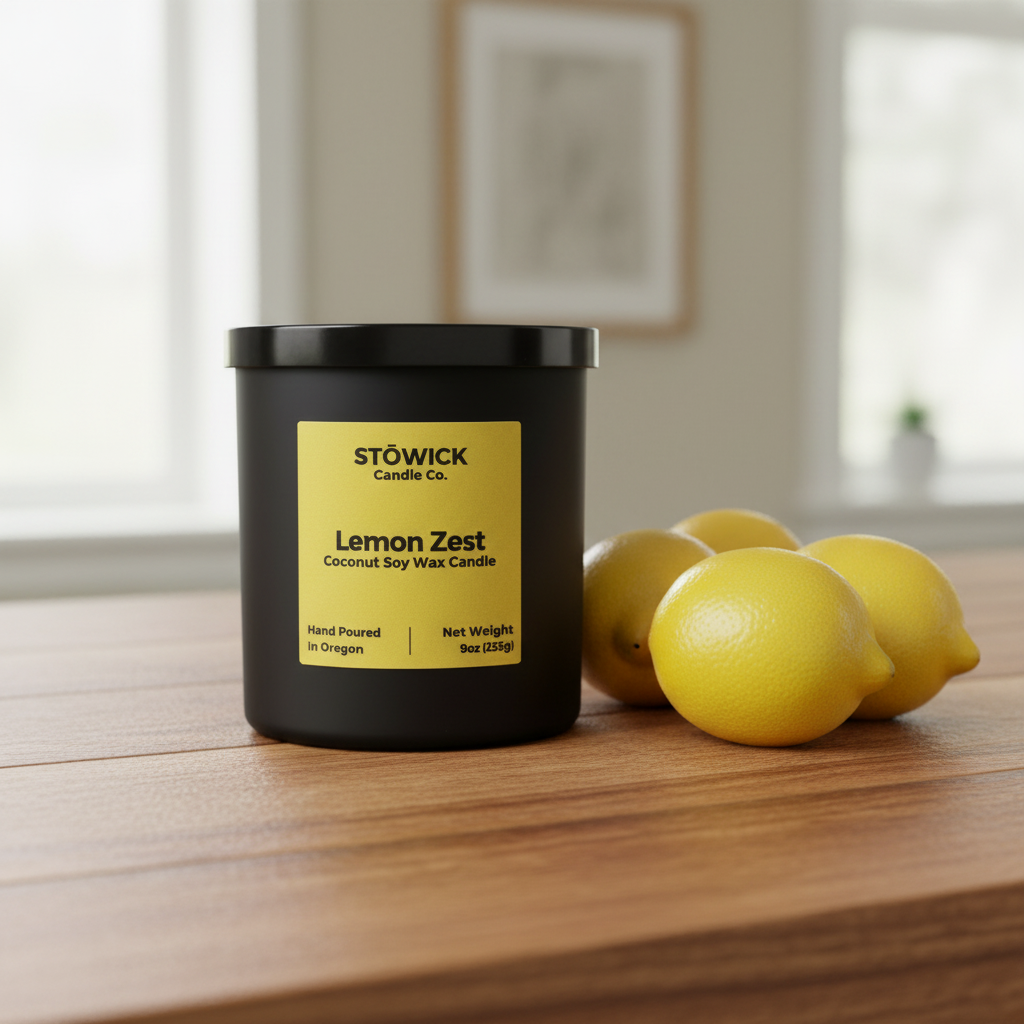 A lemon zest scented tumbler candle on a wood table with a black jar and yellow label 