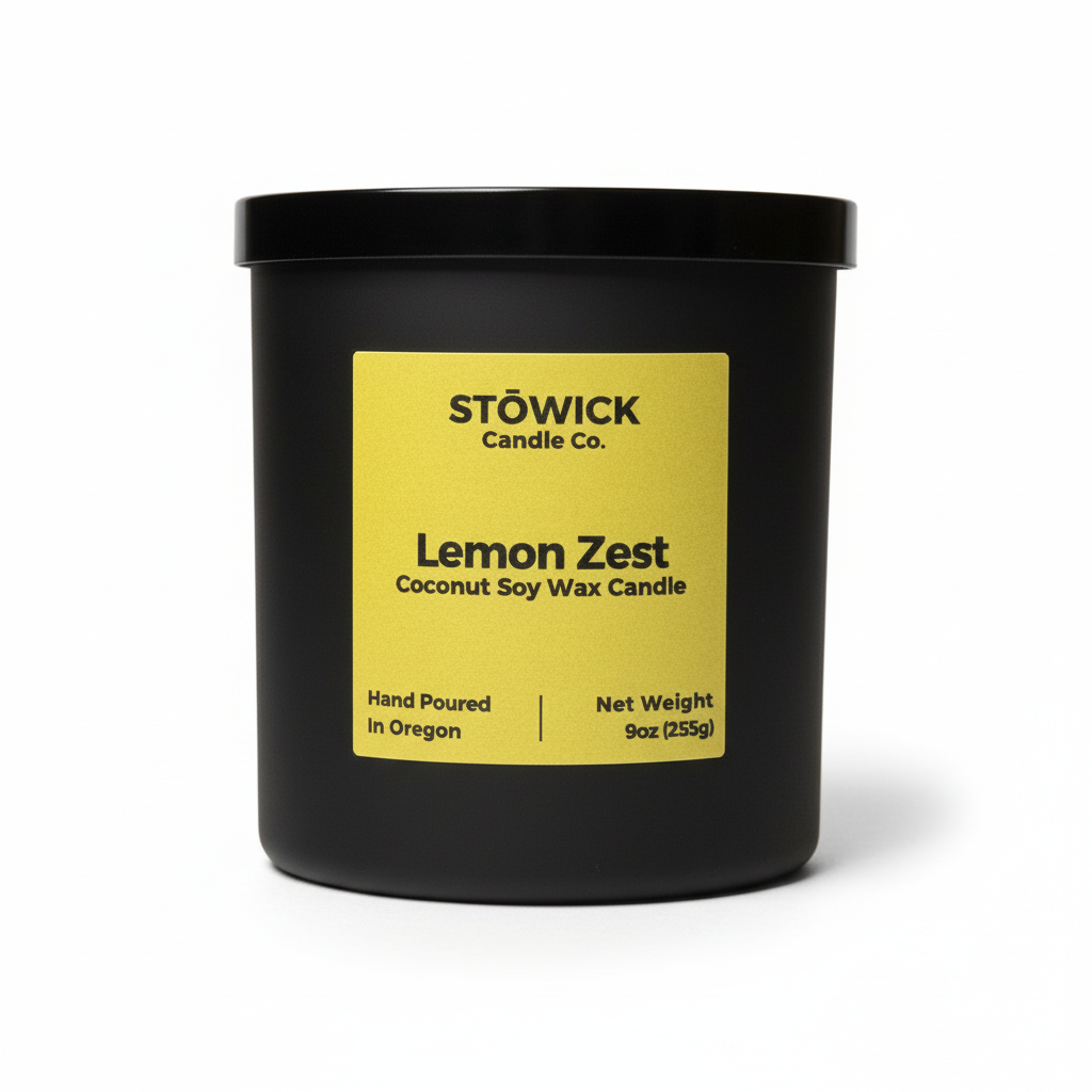 A lemon zest scented tumbler candle in a black jar with a yellow label