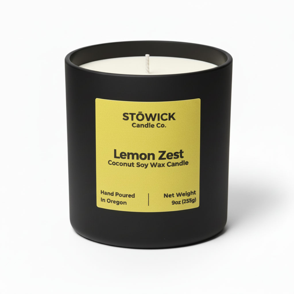 Stowick Candle Co. Lemon Zest tumbler candle with a black container and yellow label on a white background