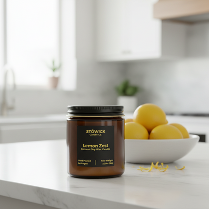 A mini lemon zest candle on a counter next to a bowl of lemons 