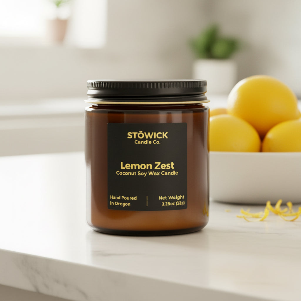 Stowick Lemon Zest candle on a marble surface with lemons in the background
