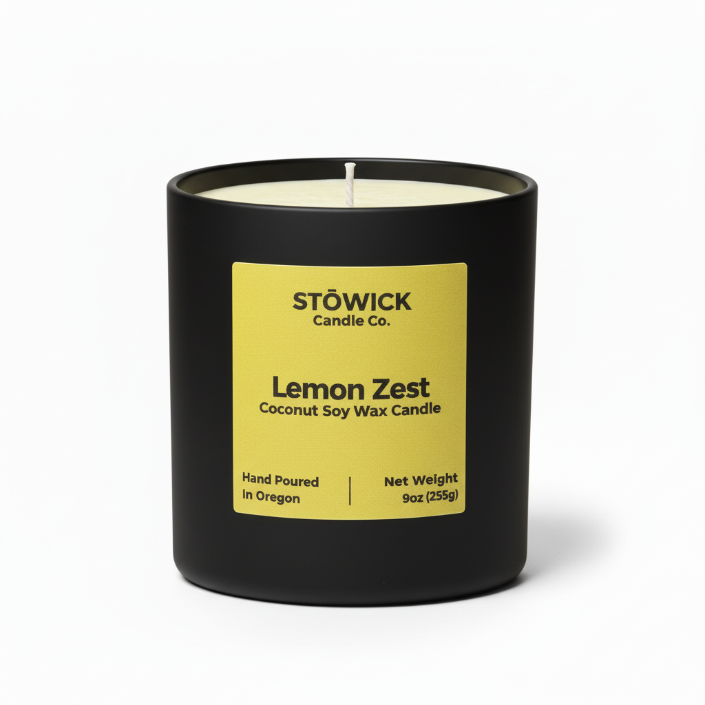 A lemon zest tumbler candle in a black jar with a yellow label and white background 