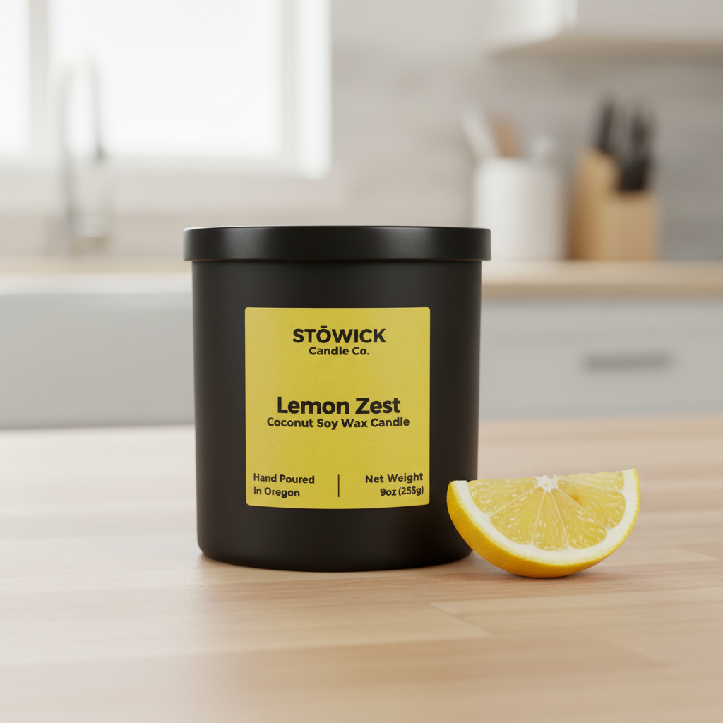 Stowick Lemon Zest tumbler candle in a black jar with a yellow label by a lemon on a kitchen counter