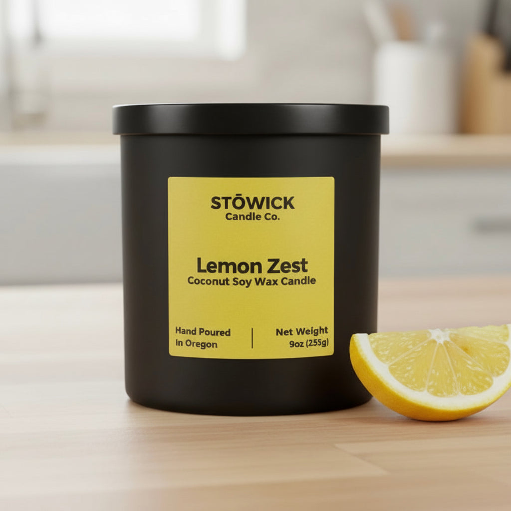 Stowick Candle Co. Lemon Zest tumbler candle with a lemon wedge on a wooden surface.