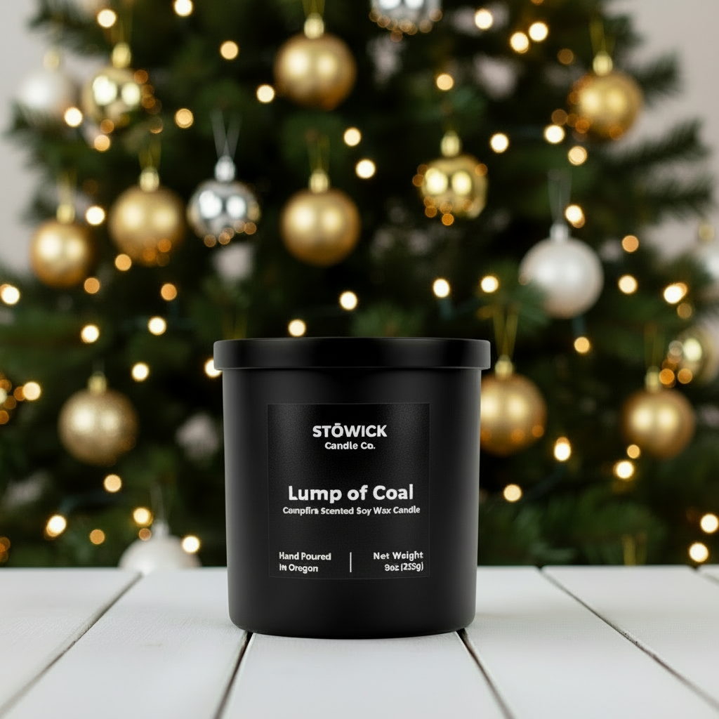 Black candle labeled 'Lump of Coal' by Stowick Candle Co. in front of a decorated Christmas tree.