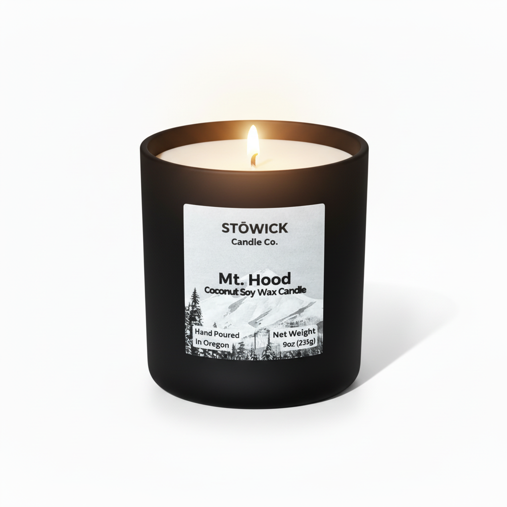 A lit mt hood tumbler candle with alpine scent against a white background 