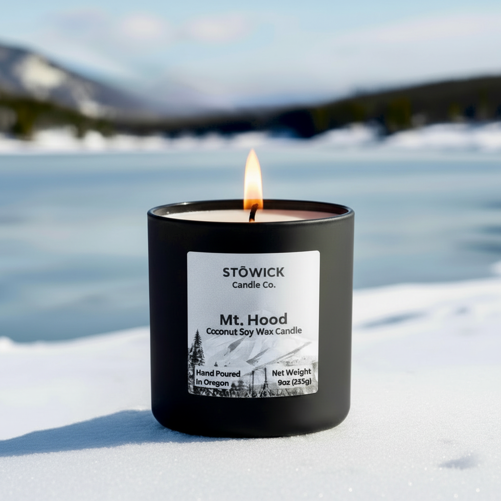A mt hood tumbler candle in a black jar sitting in the snow with the wick lit