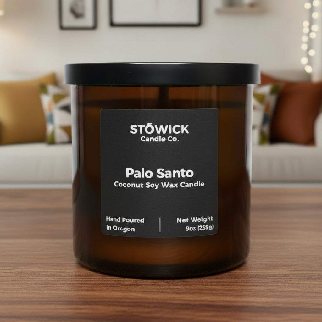 Stowick Palo Santo tumbler candle on a wooden surface with a living room background
