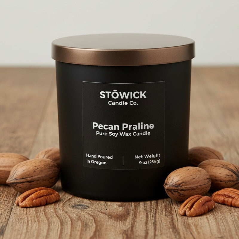 A scented pecan praline tumbler candle in a black jar on a wood table 