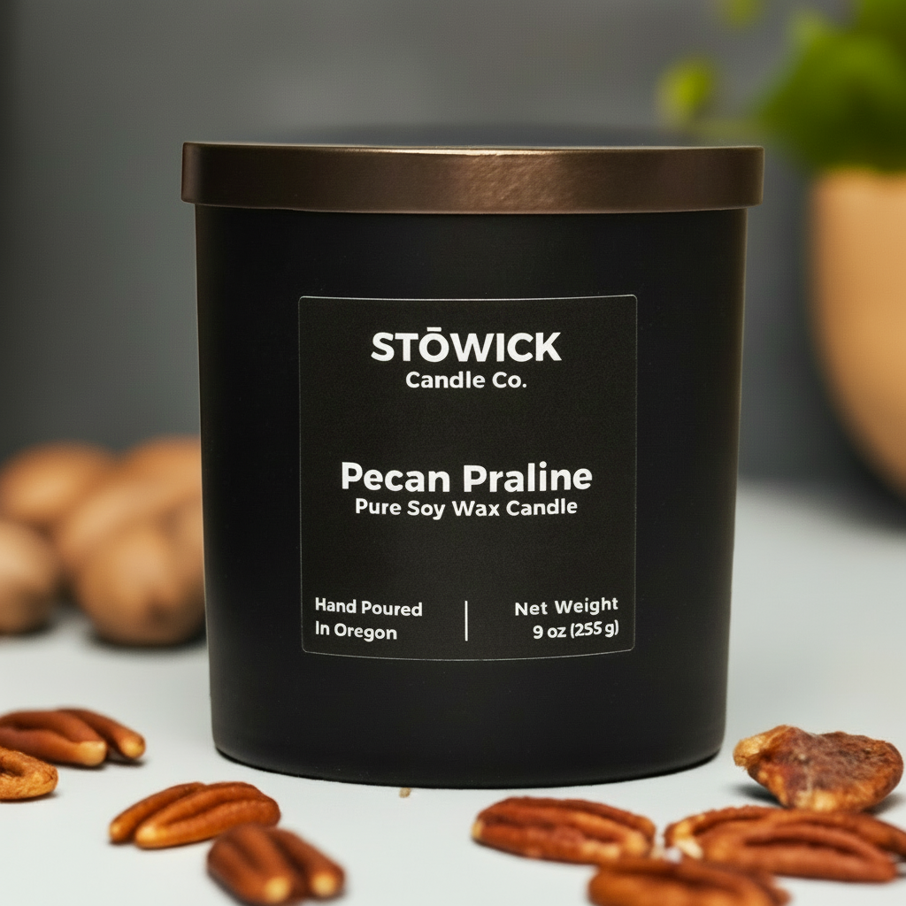A 9 ounce pecan praline scented soy wax candle in a black jar with a bronze lid