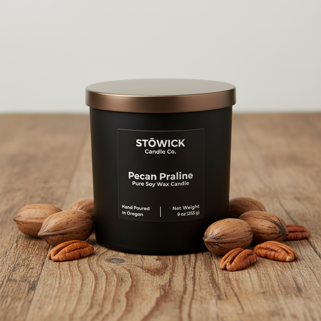A pecan praline tumbler candle in a black jar on a wood surface next to pecans