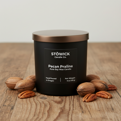 A pecan praline tumbler candle in a black jar on a wood surface next to pecans