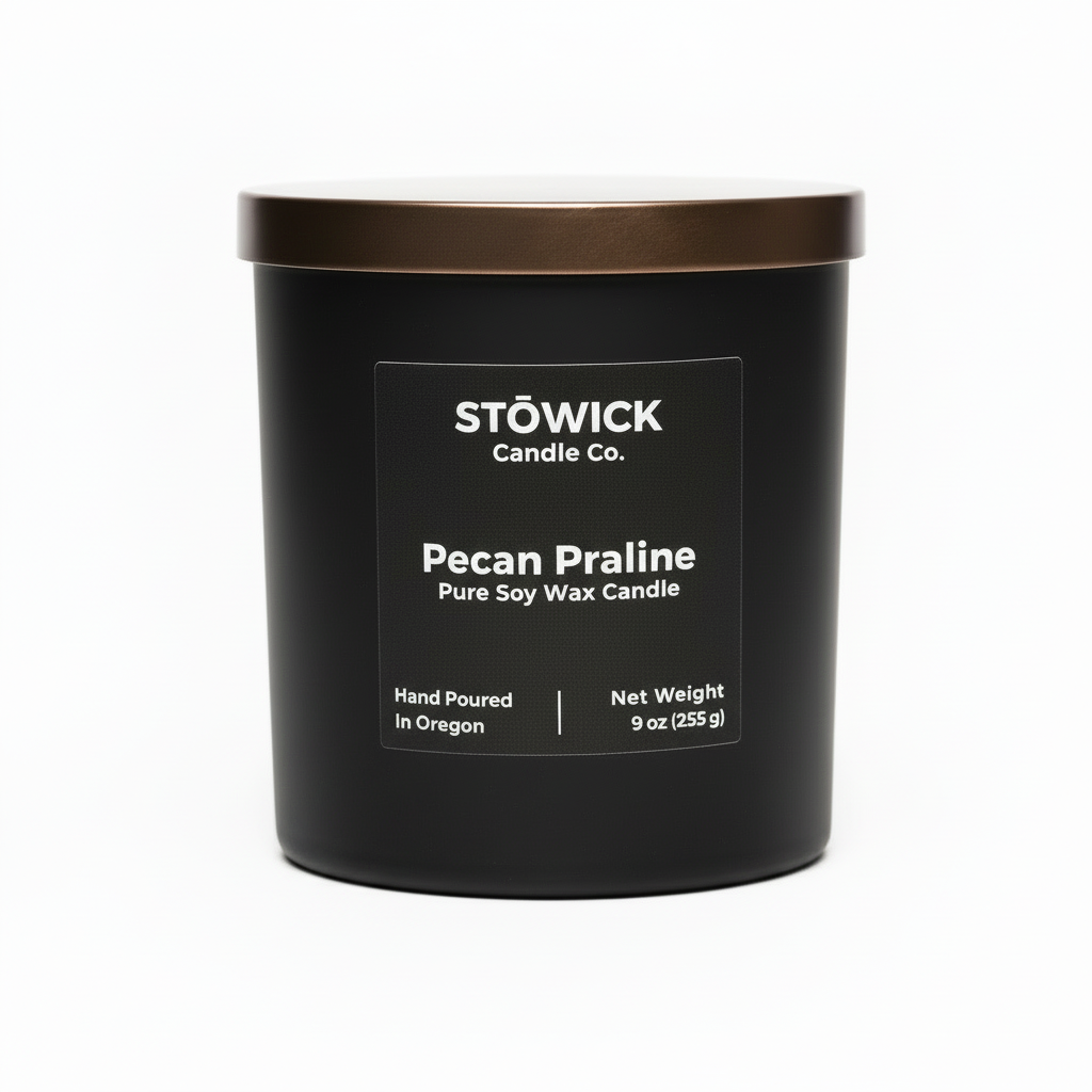A pecan praline tumbler candle in a black jar with a bronze lid and white background 