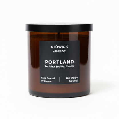 Stowick Candle Co. Portland scented tumbler candle with a white background