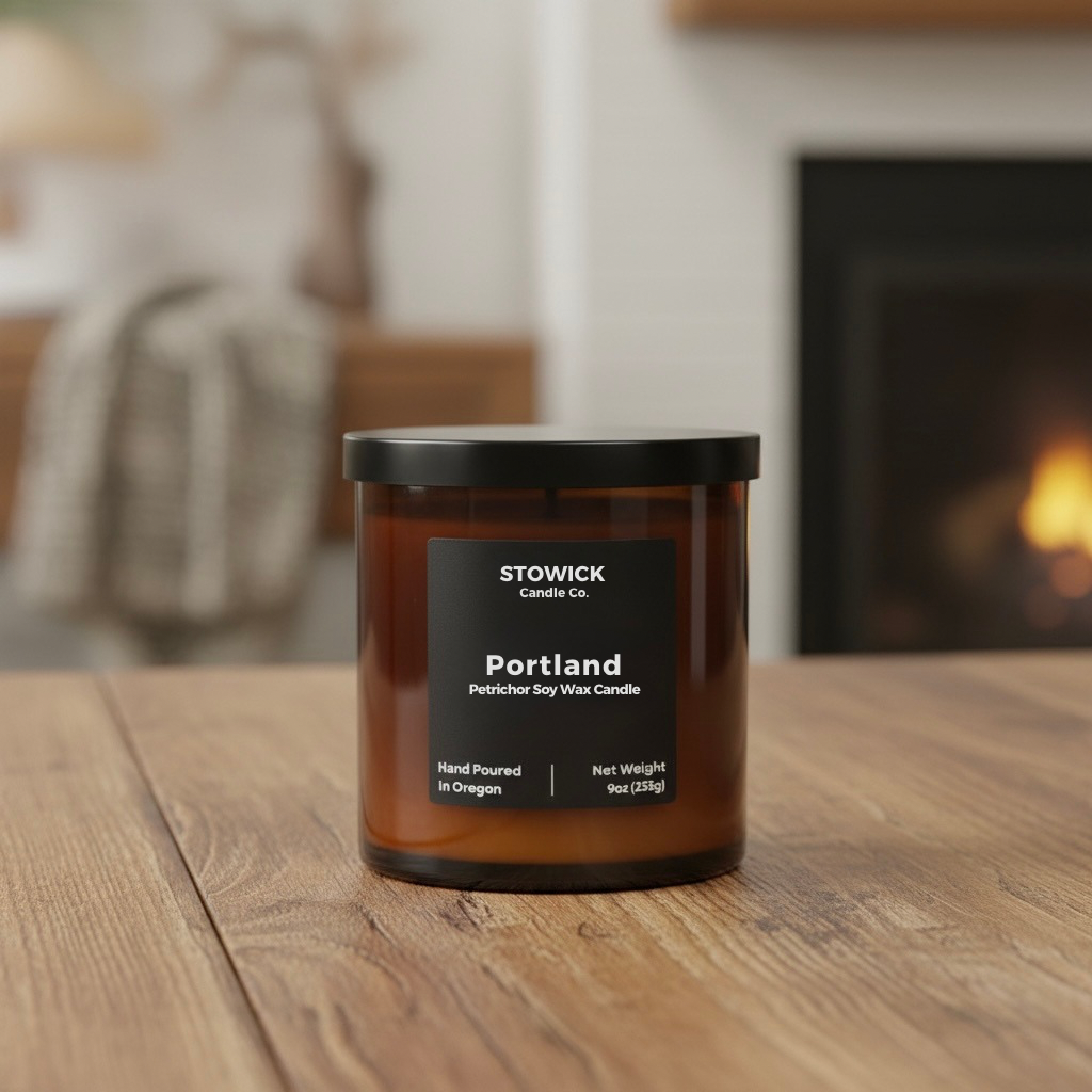Stowick Candle Co. Portland tumbler candle on a wooden surface with a fireplace in the background