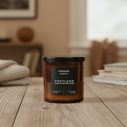 A Portland tumbler candle on a wood table 