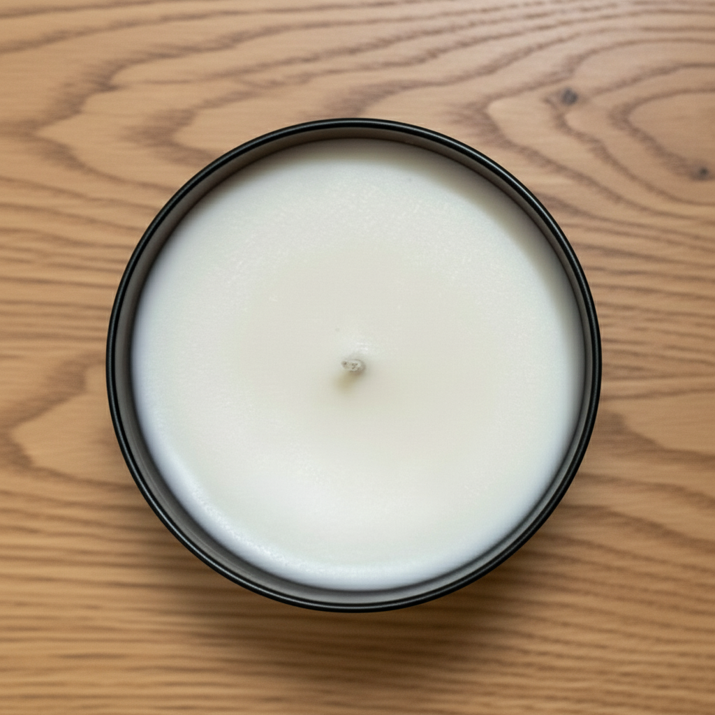 A view from above of a Portland tumbler candle in an amber jar on a light wooden surface