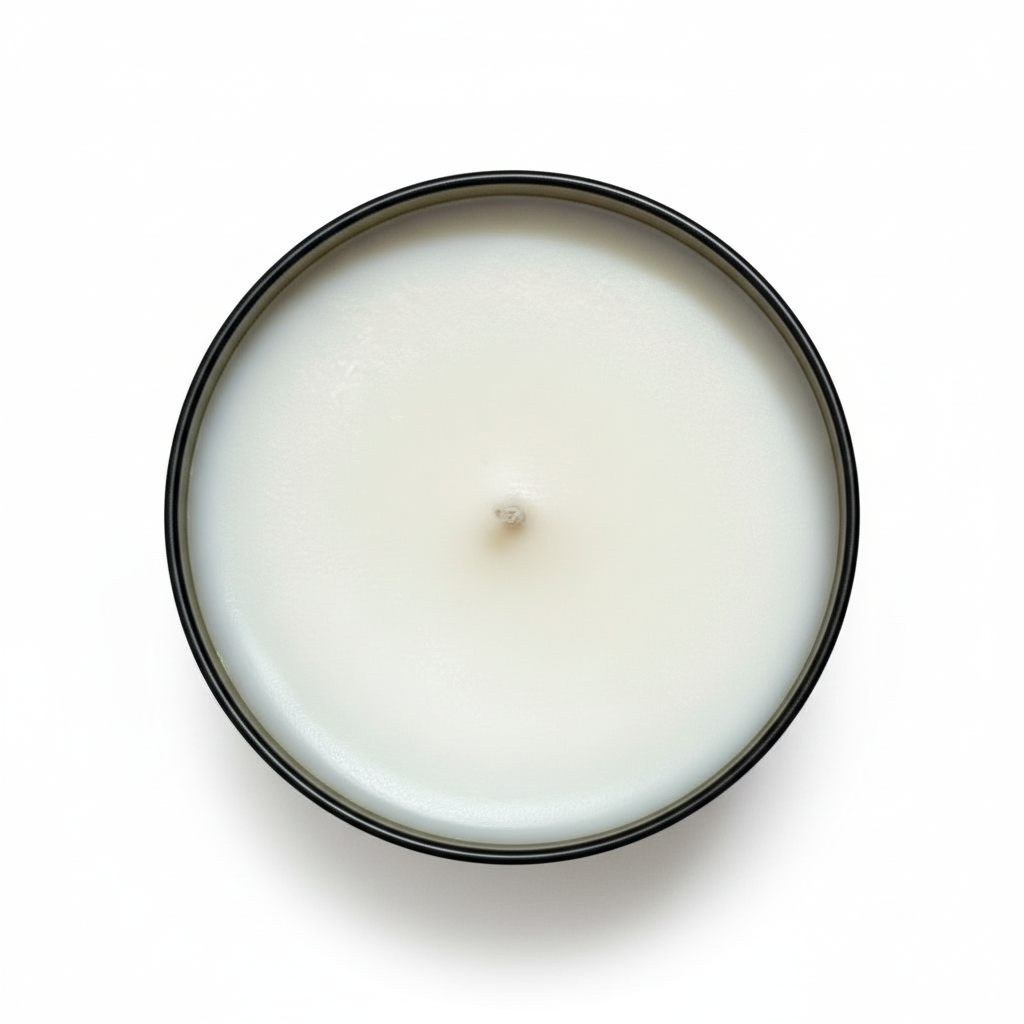 A white Portland tumbler candle in an amber jar from above with a white background 