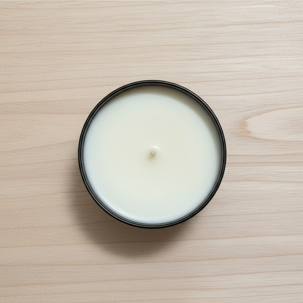 A Birds Eye view of a roasted chestnut tumbler candle in an amber jar with white wax on a wood table 