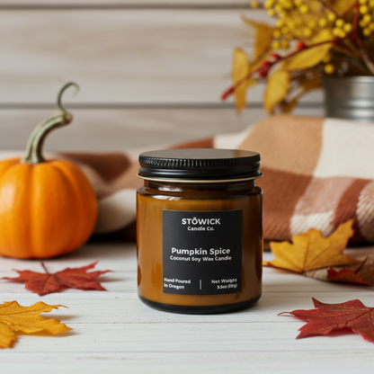 Stowick Pumpkin Spice mini candle with autumn decorations on a wooden surface