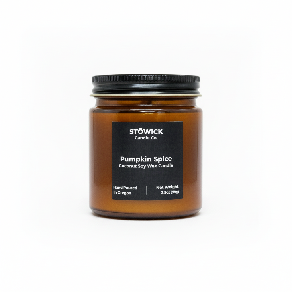 A pumpkin spice mini candle in an amber jar with a black label against a white background 