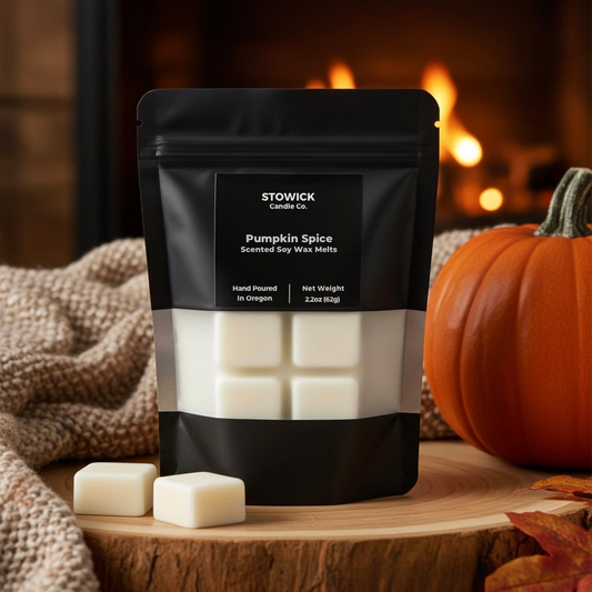 Stowick Candle Co. Pumpkin Spice scented soy wax melts packaging with a fireplace and pumpkin in the background