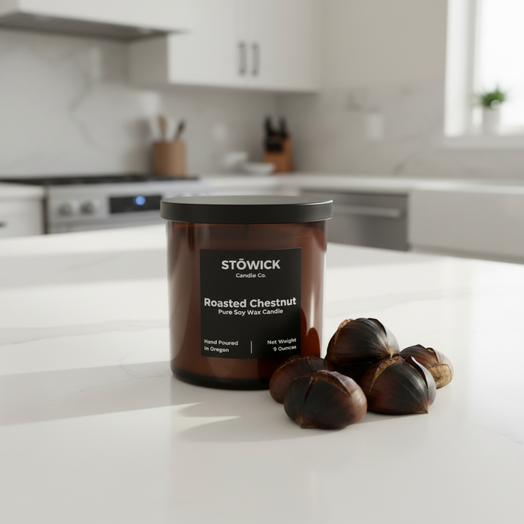 A roasted chestnut tumbler candle in an amber jar on a white counter next to chestnuts
