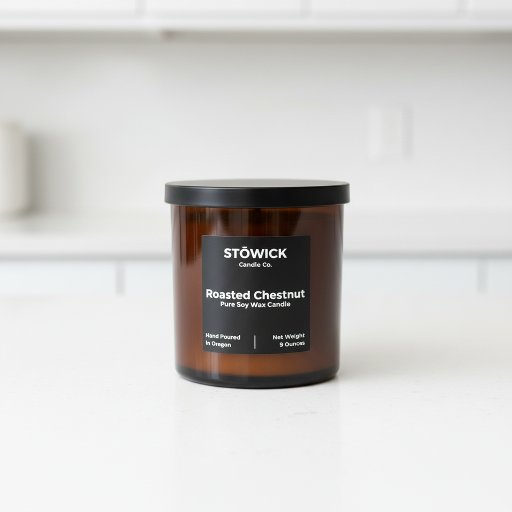 A roasted chestnut candle in an amber jar on a white counter