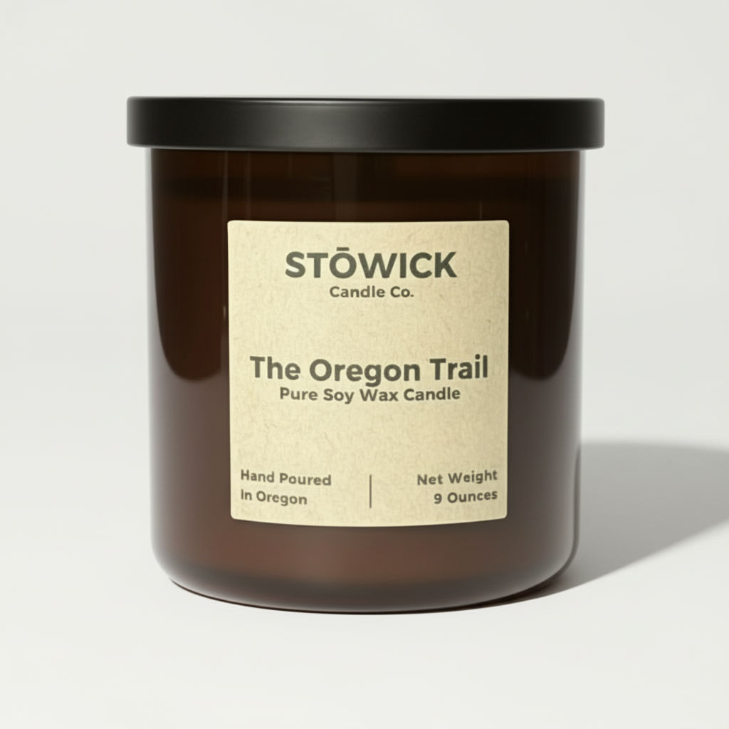 An Oregon trail tumbler candle in and amber jar against a white background 