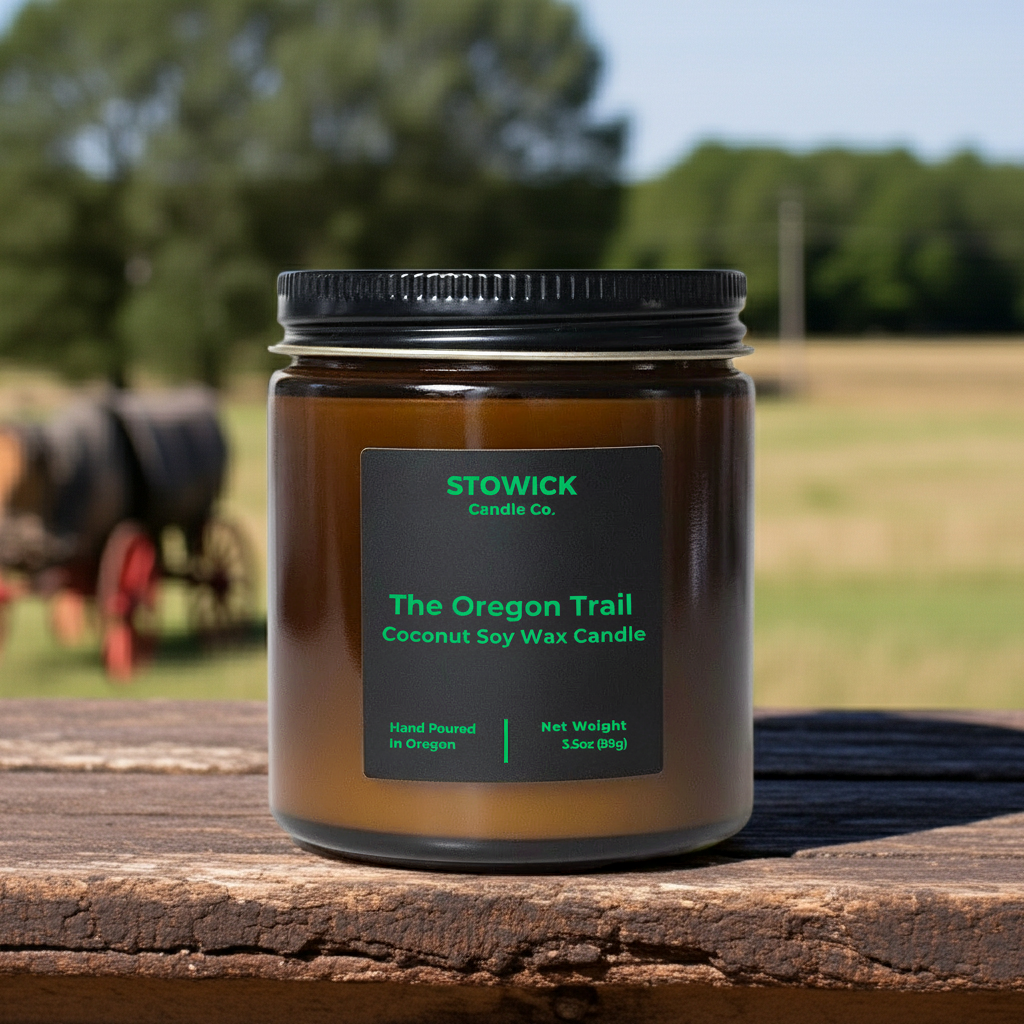 Stowick Candle Co. the Oregon trail mini candle on a wooden surface with a blurred outdoor background